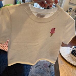 White womens junior Short-Sleeve Tee with Pink Ice Cream Embroidery